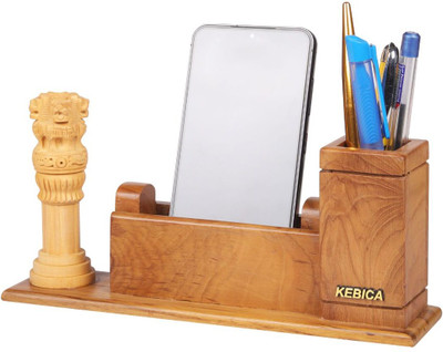 Kebica 3 Compartments Wooden Pen Stand with Mobile stand for Office Table, School Table etc.(Brown)