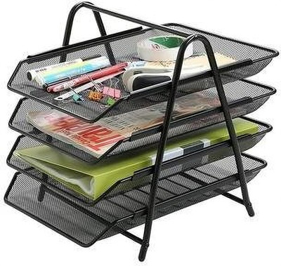 KERFORA 4 Compartments Metal Metal Mesh Document Tray File Rack Desk Organizer(Black)
