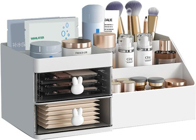 HOUSE OF QUIRK 10 Compartments Plastic Clear Drawer Cosmetic Storage Display Case-11.2X6.7X4.7 inch(White)