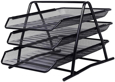 Cpixen 3 Compartments Metal 3 Tier Metal Mash File Rack Document Holder Tray Office Desktop File and Document Organizer Trays, Magazine Holder Rack(Black)