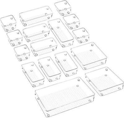 Kienlix 13 Compartments Plastic Desk Drawer Organizer Trays Various Size Bathroom Organizer Storage Tray(Clear)