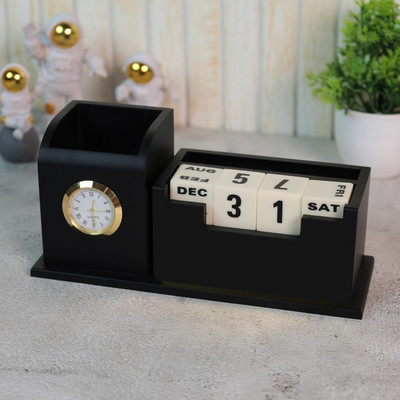 Satvat 2 Compartments Engineered Wood Pen stand With Clock & Calendar, Visiting Card , Mobile Holder, Wooden Pen & Pencil Stand For Office &Study Table Decor.(Black)