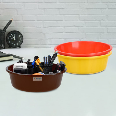 HOMESTIC by Kuber Industries 3 Compartments Plastic Desk Organizer(Yellow & Red & Brown)