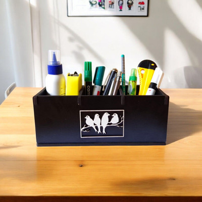 Giftingcare 3 Compartments Wooden Desk Organizer, Stationery, Pen, Pencil Stand Ideal for Office and Home(Black)