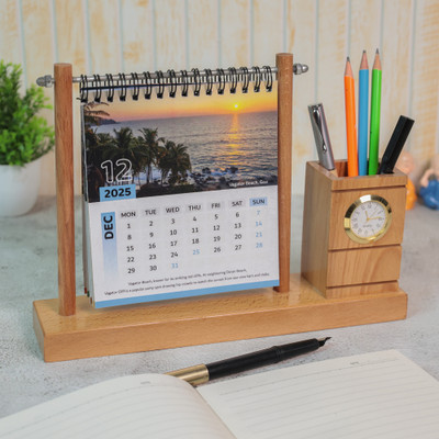 primecode 1 Compartments Wooden Pen Holder with Calender(Yellow)