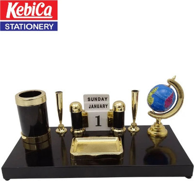 Kebica 2 Compartments Acrylic Model PS-120DG Pen stand with Globe for Office, Bank and Study table Set-1(Black)