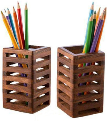 Cratftecia 2 Compartments Rosewood Handmade Pen Stand, Polished Pen Holder, Sheesham Wood Desk Organizers(Brown)