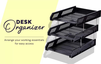 wishku 3 Compartments plastic file rack(Black)