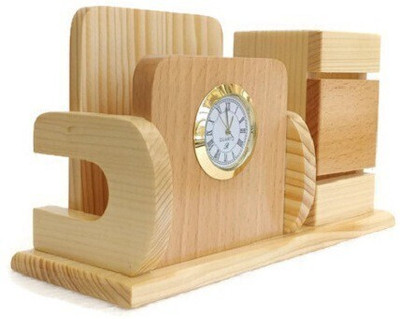 Shivom Crafts 2 Compartments Wooden Pen Holder With Watch(Beige)