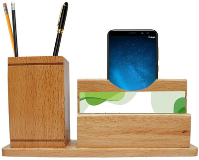 StarLaser 3 Compartments wooden pen holder with mobile holder Multipurpose Wooden Desk Organizer(Brown)