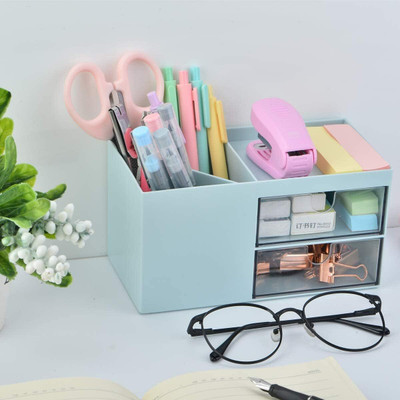 Cpixen 5 Compartments Plastic Pen Holder for Desk Multi-Functional Pen Holder, Pen Organizer with Drawer(Multicolor)