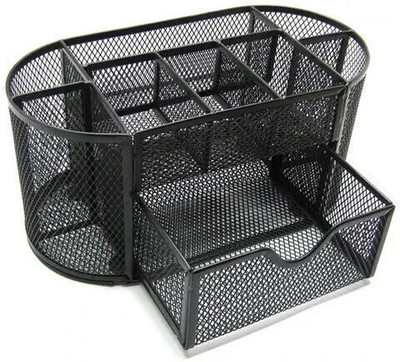 JELLIFY 8 Compartments Metal Metal Mesh Desk Organizer with 1 Drawer Desktop Supplies(Black)