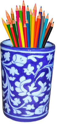 om craft villa 1 Compartments Ceramic Blue Art Pottery Decorative Pen/Pencil Holder (PENHOLDER-2)(Blue)