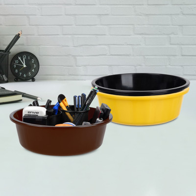 KUBER INDUSTRIES 3 Compartments Plastic Desk Organizer(Yellow & Black & Brown)
