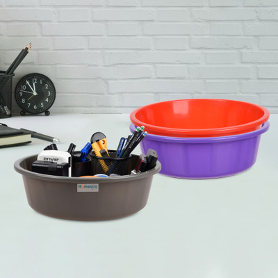 HOMESTIC by Kuber Industries 3 Compartments Plastic Desk Organizer(Purple & Red & Gray)