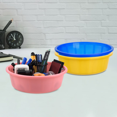 KUBER INDUSTRIES 3 Compartments Plastic Desk Organizer(Yellow & Blue & Light Pink)