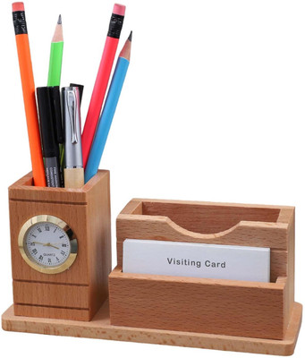 OCHHAV 3 Compartments Wooden Pen Holder with Clock, Business Visiting Card | Multipurpose Desk Organizer Pen And Pencil Holder For Office And Study Table(Beige)