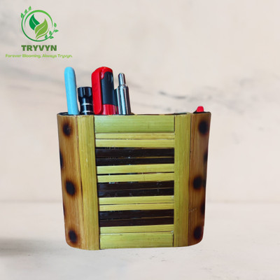 TRYVYN 1 Compartments Bamboo Stationery Stand(Bamboo Gold, Black)