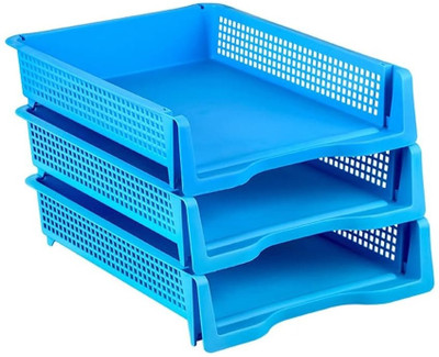 CPEX 3 Compartments Plastic Trays for Teachers, Plastic Storage Baskets for Office Use(Blue)