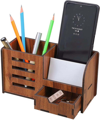 Satvat 4 Compartments Pen Pencil Holder/Stand With Drawer For home & office study table | Stationery Stand for Office and Students use - Mobile Holder for Desk(Brown)