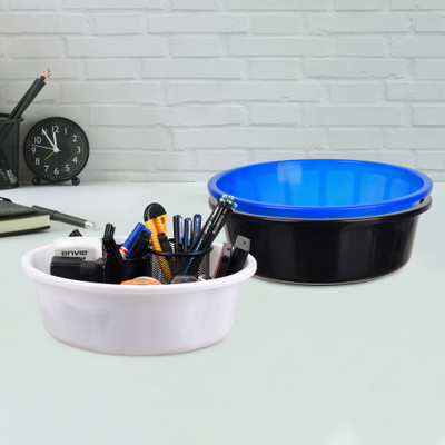 KUBER INDUSTRIES 3 Compartments Plastic Desk Organizer(Black & Blue & White)
