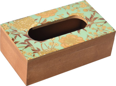Green Decor 1 Compartments MDF/Decal MDF Wooden Floral Tissue Paper Holder Box | Handcrafted Design(Mint Green)
