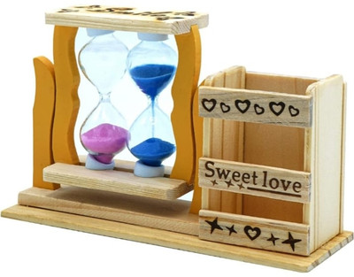 NSCOM 2 Compartments Wood Hourglass Sand Timer with Pen Holder – Dual Color Sand Design(Wood)