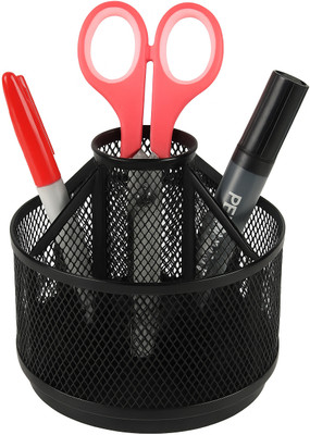 SkyFurnish 5 Compartments Metal mesh 360° Rotating Metal Mesh Pen Stand | Stylish Desk Organizer(Black)