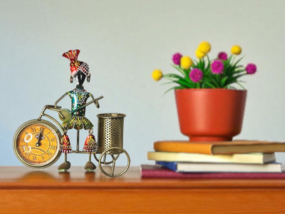 Indraj Premium Craft 1 Compartments Metal Handcrafted Man With Clock and Pen Holder On Tricycle Desk Organiser Home Decor(Multicolor)