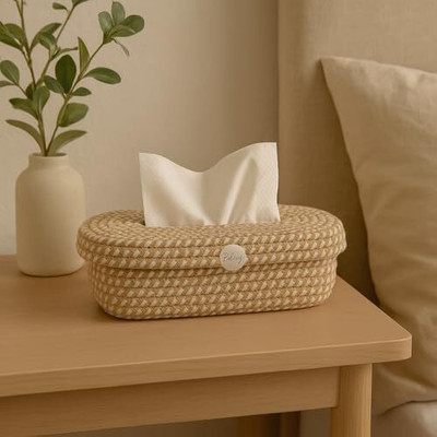 Bobbiny 1 Compartments Cotton, jute Tissue Holder for Office Living Bedroom Car Desk Dining Table Home Decor(Brown jute With off White Macrame)