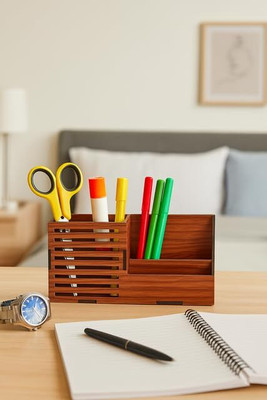 Afast 3 Compartments Wood Wooden Pen / Pencil Stand With Visiting Card & Mobile Holder For Desk Organizers(Brown)