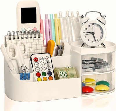 Lishonn 8 Compartments Plastic Multipurpose Desk Organiser For Pen, Mobile, Sticky Note, Business Card, Remote(Cream)
