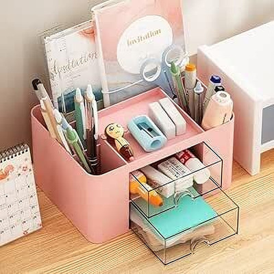 CountryLink 5 Compartments ABS Plastic Multi-Purpose Desk Organizer with 2 Drawers for Stationery, Makeup & Office(Pink)