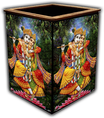 pnf 1 Compartments wooden Colourful Wooden Pen Stand with photo of Radha Krishna -22612(Multicolor)