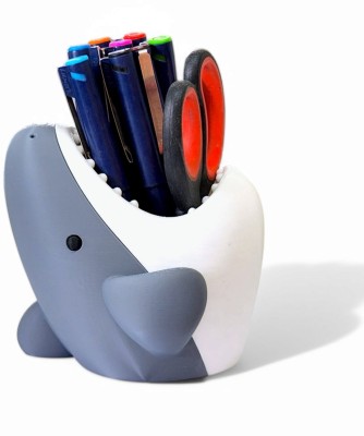 HOBIGO 1 Compartments PLASTIC CUTE BABY SHARK PEN HOLDER AND DESK ORGANISER WITH CABLE HOLDER(Grey)