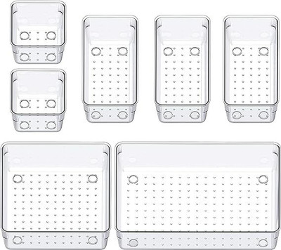 JD FRESH 7 Compartments plastic 7 PC Drawer Storage Organizer Makeup Organizer Desk Drawer Divider Organizer(Full Transparent)