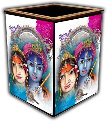 pnf 1 Compartments wooden Colourful Wooden Pen Stand with photo of Radha Krishna -13605(Multicolor)