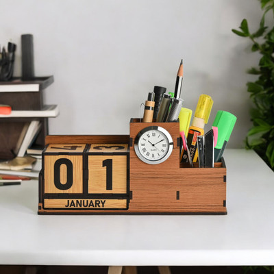 GIFT KYA DE 3 Compartments Wooden Desk Organizer With Lifetime Calendar, Clock, Card & Pen Stand & Mobile Stand(Brown)