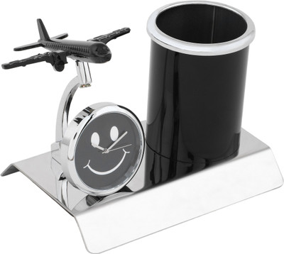 ZAHEPA 1 Compartments Metal Pen Holder Featuring An Airplane Miniature With Table Clock Desk Organizer Pen Stand On Flipkart For Rs. 599 @ 40% off