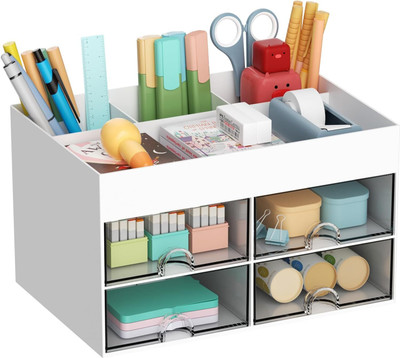 Otiporter 8 Compartments Plastic Desk Organizer(White)