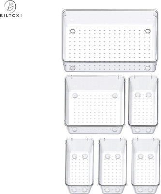 Biltoxi 6 Compartments Transparent Drawer Organizer Set for Home & Office, Fridge Storage Organizer Multipurpose Plastic Storage Bins(Clear)