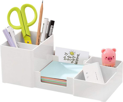 IMPRONOW 6 Compartments Plastic Desk Organizer with Pencil Holders(White)