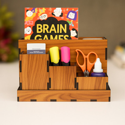 Craftzo 4 Compartments Wood Finish Desk Organsior / Pen Stand / Pen Holder / Book Holder / Visiting Card Holder(Brown)