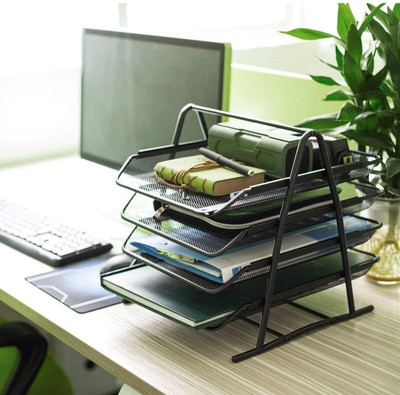 AQUABUCKET 4 Compartments Metal File Storage Tray(Black)