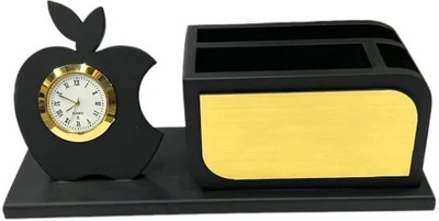 DivviK 3 Compartments Wooden Pen Stand & Desk Clock(Golden & Black)