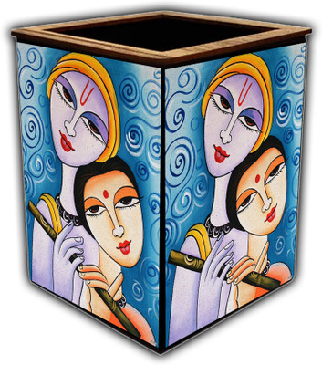 pnf 1 Compartments wooden Colourful Wooden Pen Stand with photo of Radha Krishna -4085(Multicolor)
