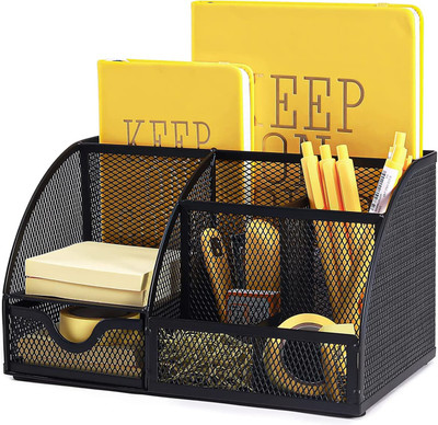 Eleven Rings 6 Compartments Metal Mesh Pen Holder With Drawer For Storing Stationery , Keys, Clips, Pencil For Office Desk.(Black)