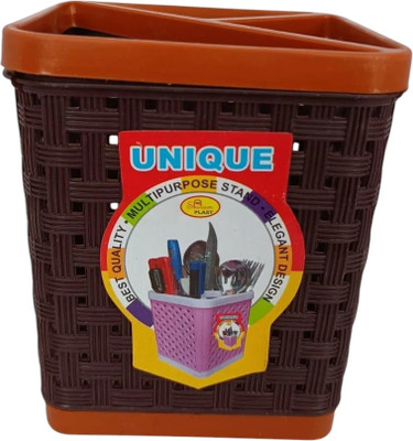 OrderlyGhar 3 Compartments Plastic Pen Stand(Brown)