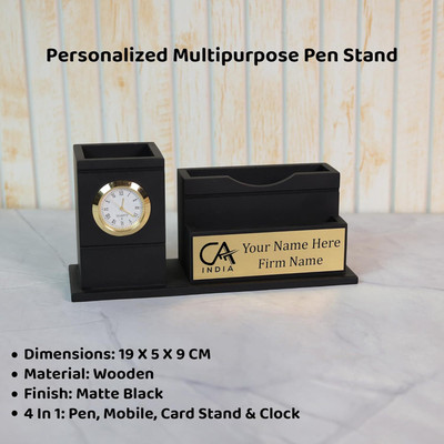 OCHHAV 3 Compartments Luxury Engineered Wood CA India Pen Stand with Built-in Analog Desk Clock and Customized Name – Perfect for Chartered Accountants & Office Professionals(Black)