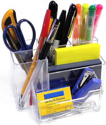 FosCadit 6 Compartments Acrylic Multi-Purpose Acrylic Desk Organizer Card Holder 2 Slots & 4 Pen/Pencil Stand(Clear)